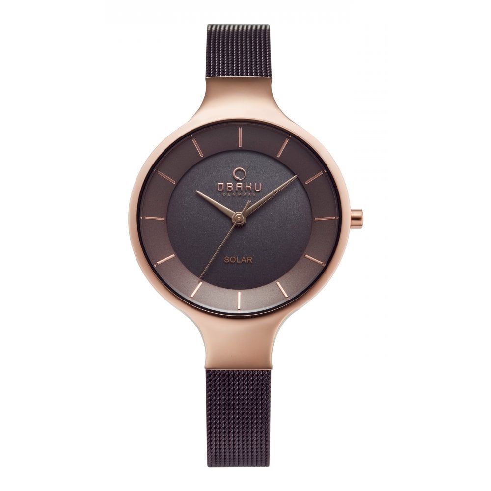GRY - WALNUT Brown Mesh Strap & Dial With Rose Gold Case Solar Movement Ladies Watch