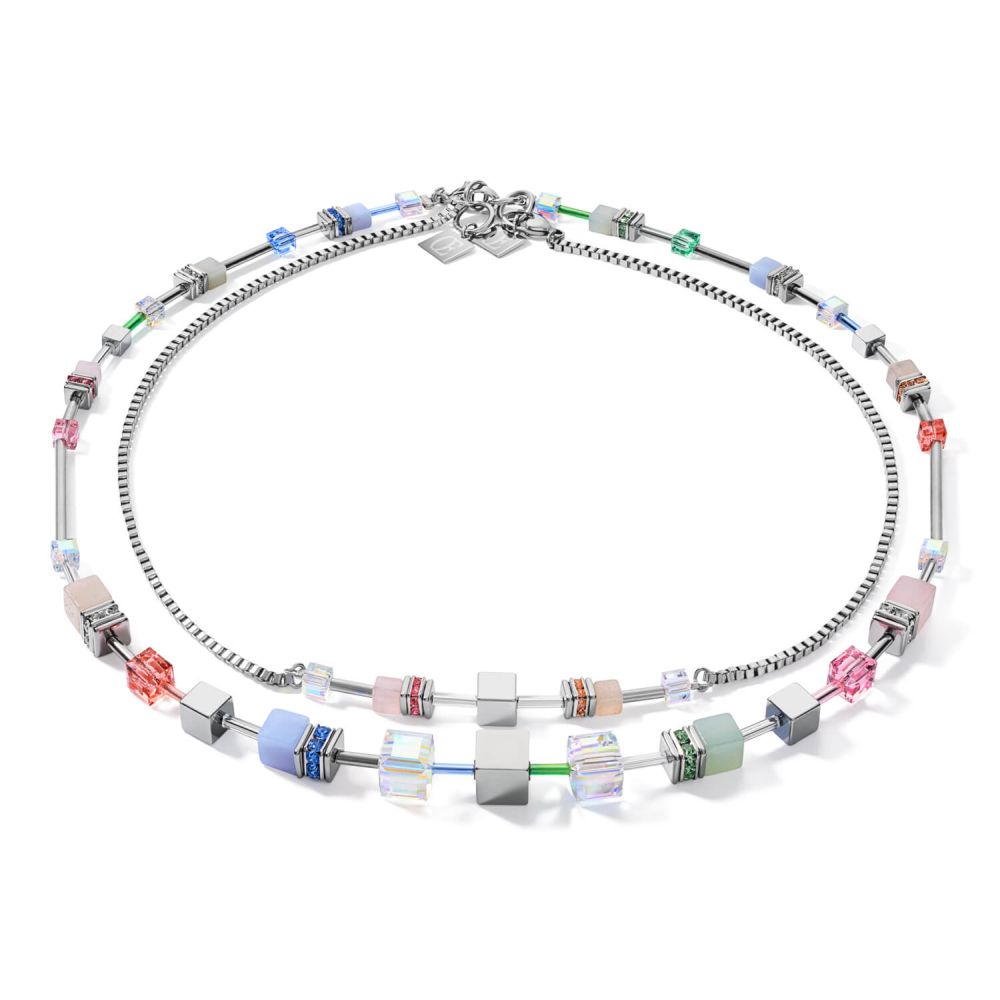 Multitask 4-in-1 Summer Multi Pastel-Silver Geo Cube Necklace