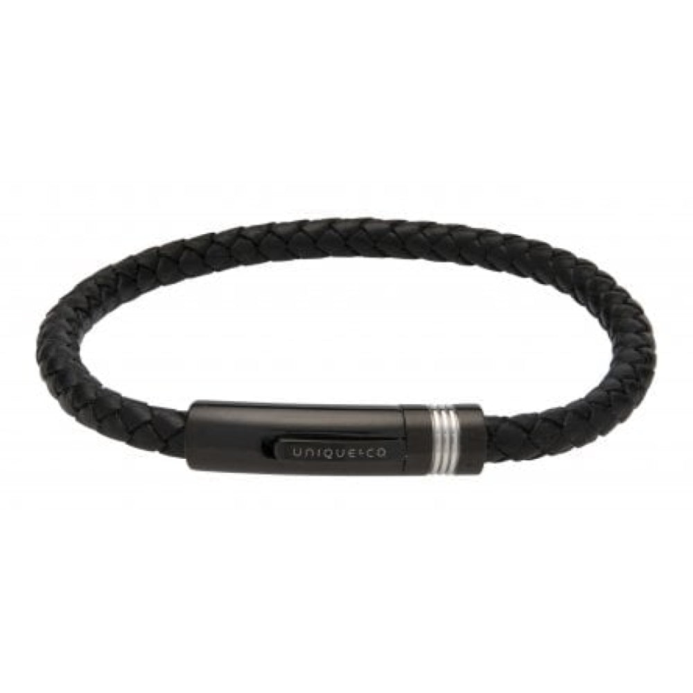 Black Leather Bracelet - Steel Clasp With Black Ip Plating