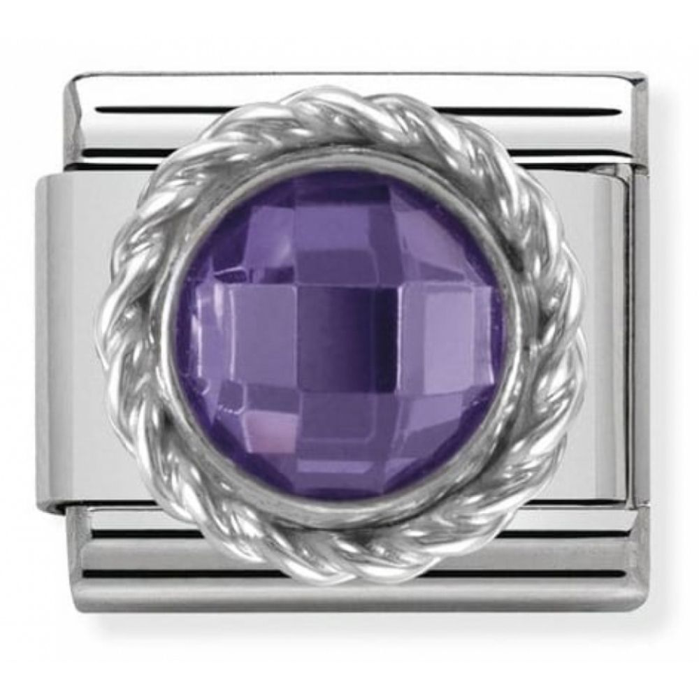 Classic Purple CZ Round Faceted Stone In Stainless Steel & Twisted 925 Silver Detail Charm