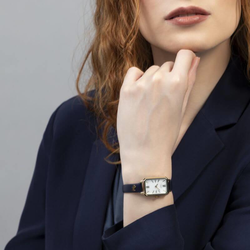 Ladies Rectangle Pale Gold Plated Ink Strap Watch
