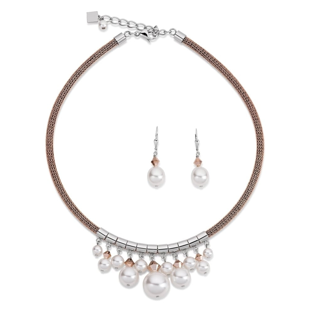 Rose Mesh/Pearl/Crystal Necklace and Earrings Set