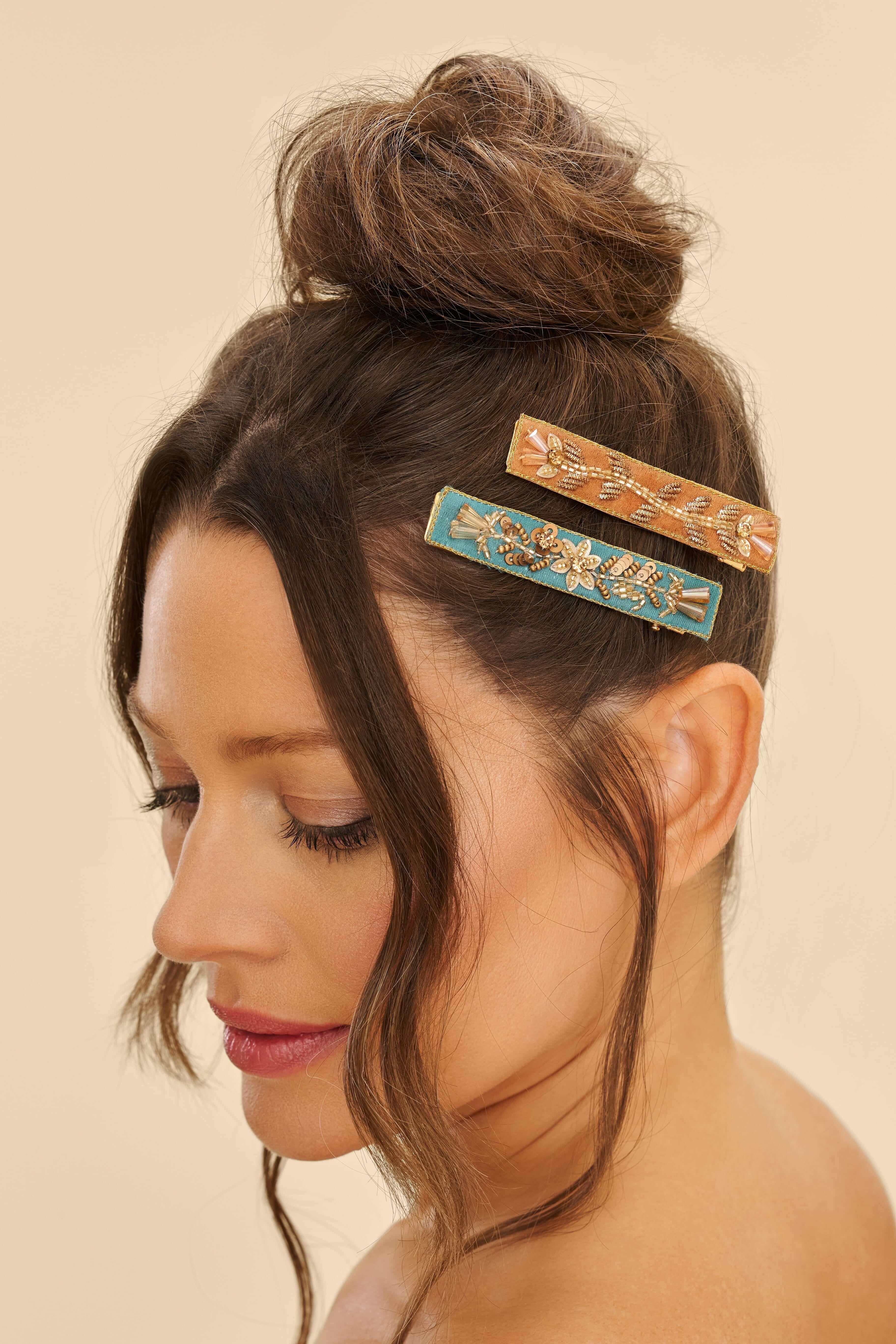 Narrow Jewelled Hair Bar (Set of 2) - Floral Vines, Turquoise & Mustard