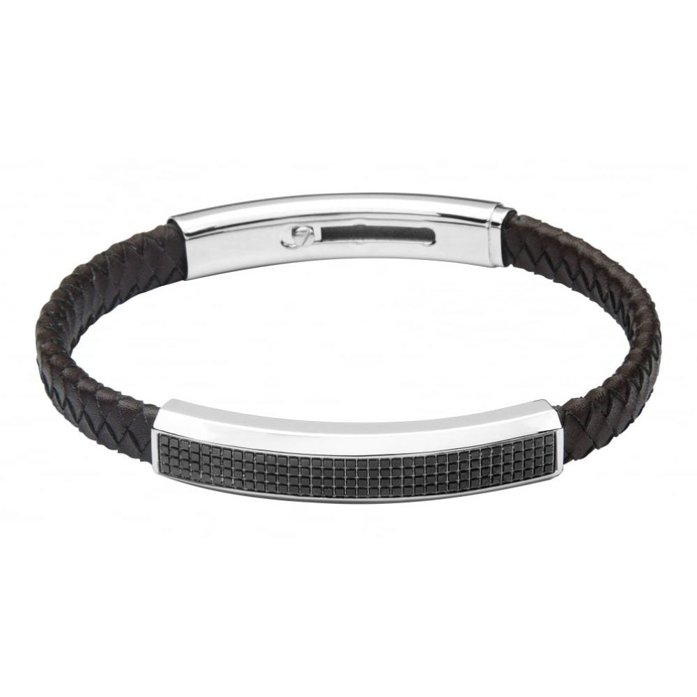 Brown Leather Slimline Adjustable Gents Bracelet With Plain & Matt Grey Lines Detailed