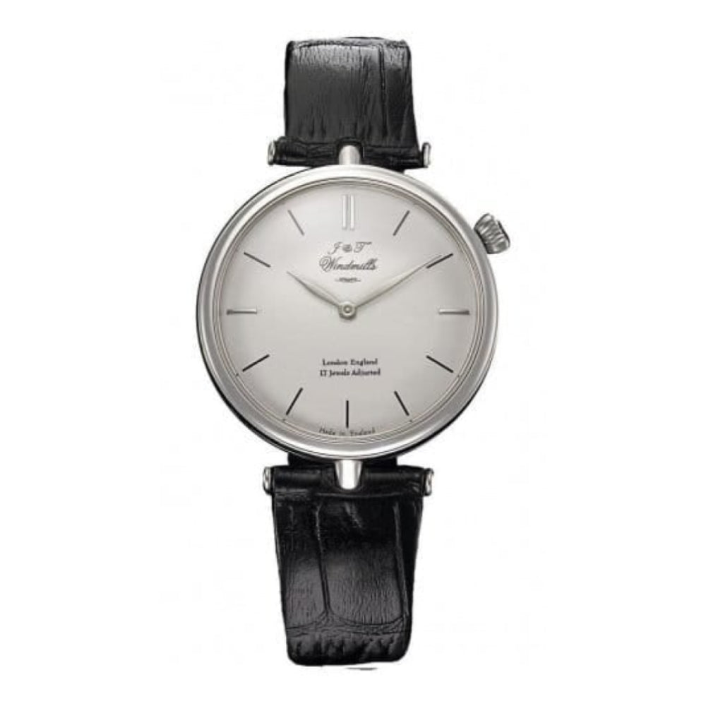 Gents Black Leather English 17 Jewels Sterling Silver Mechanical Wristwatch