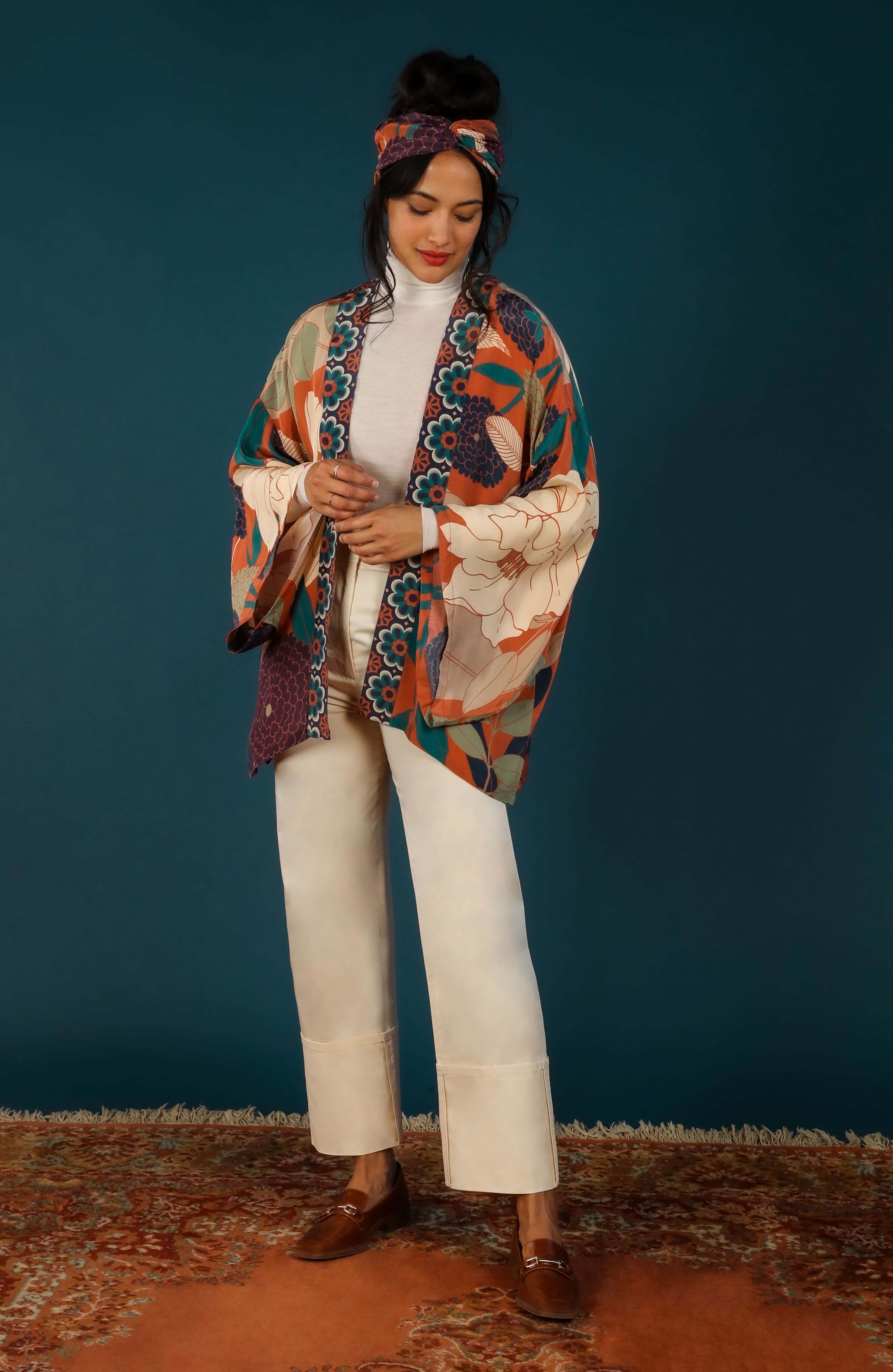 Luxury Kimono Jacket Winter Floral - Terracotta