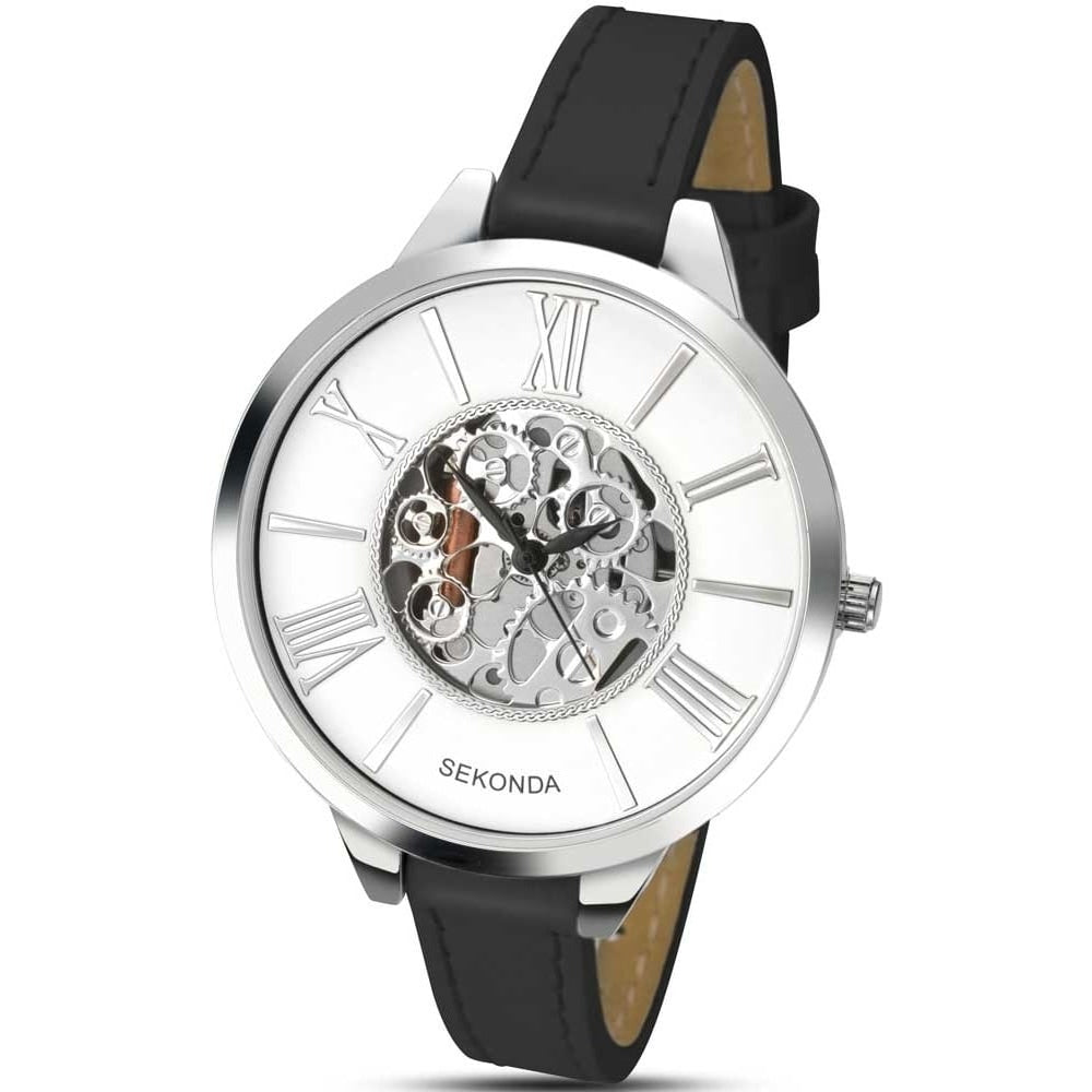Stainless Steel White Skeleton Dial & Black Leather Strap Ladies Watch
