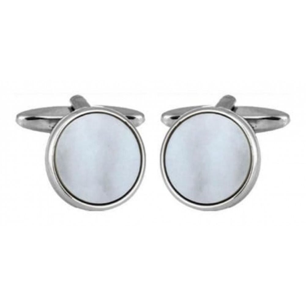 Rhodium Plated Circular Mother of Pearl Cufflinks