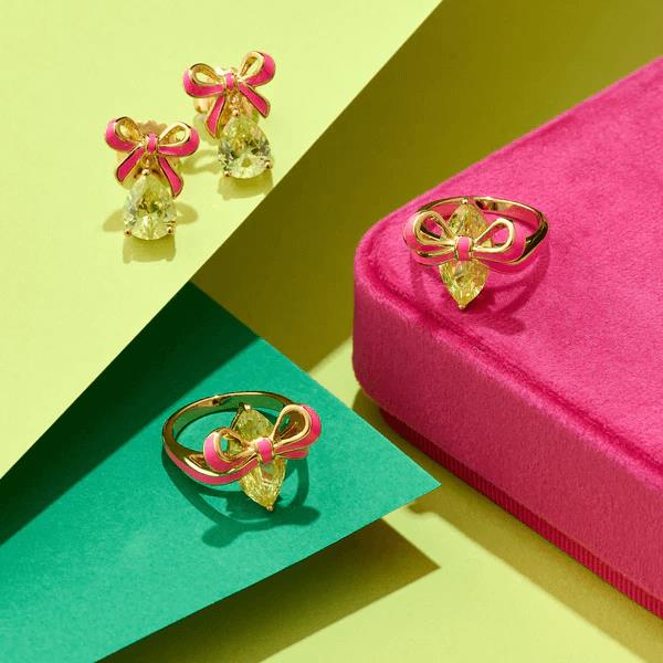 Amelia Bow Ring In Bright Pink Enamel, Lime CZ & Gold - M
