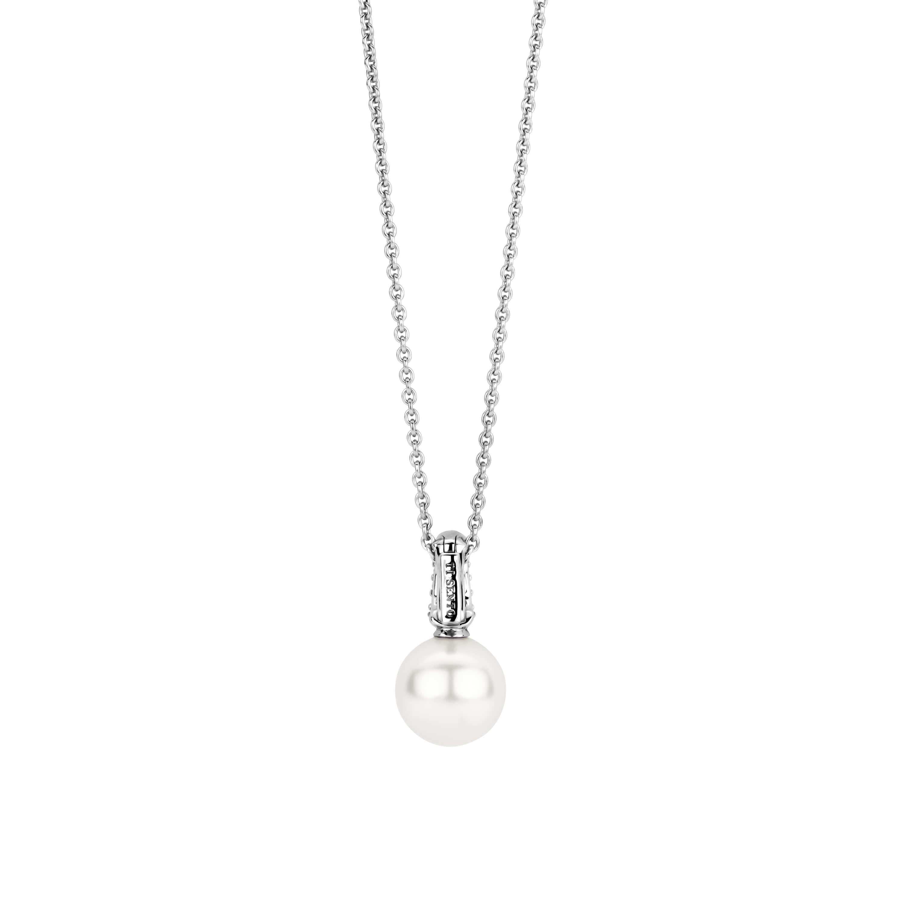 White Pearl With CZ Hook Pendant & Silver Chain Necklace