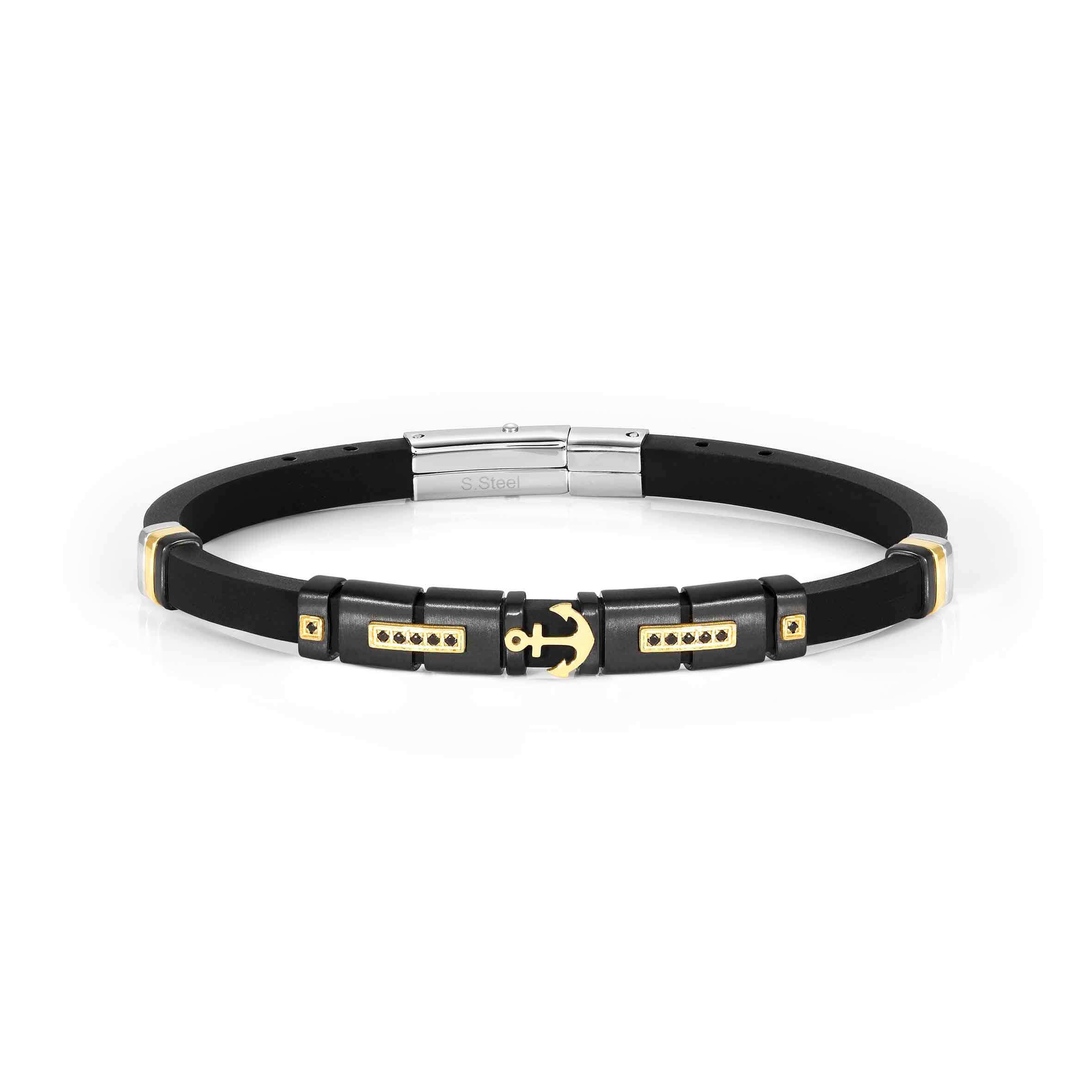 City Bracelet In Silicone With Gold Anchor & Black CZ