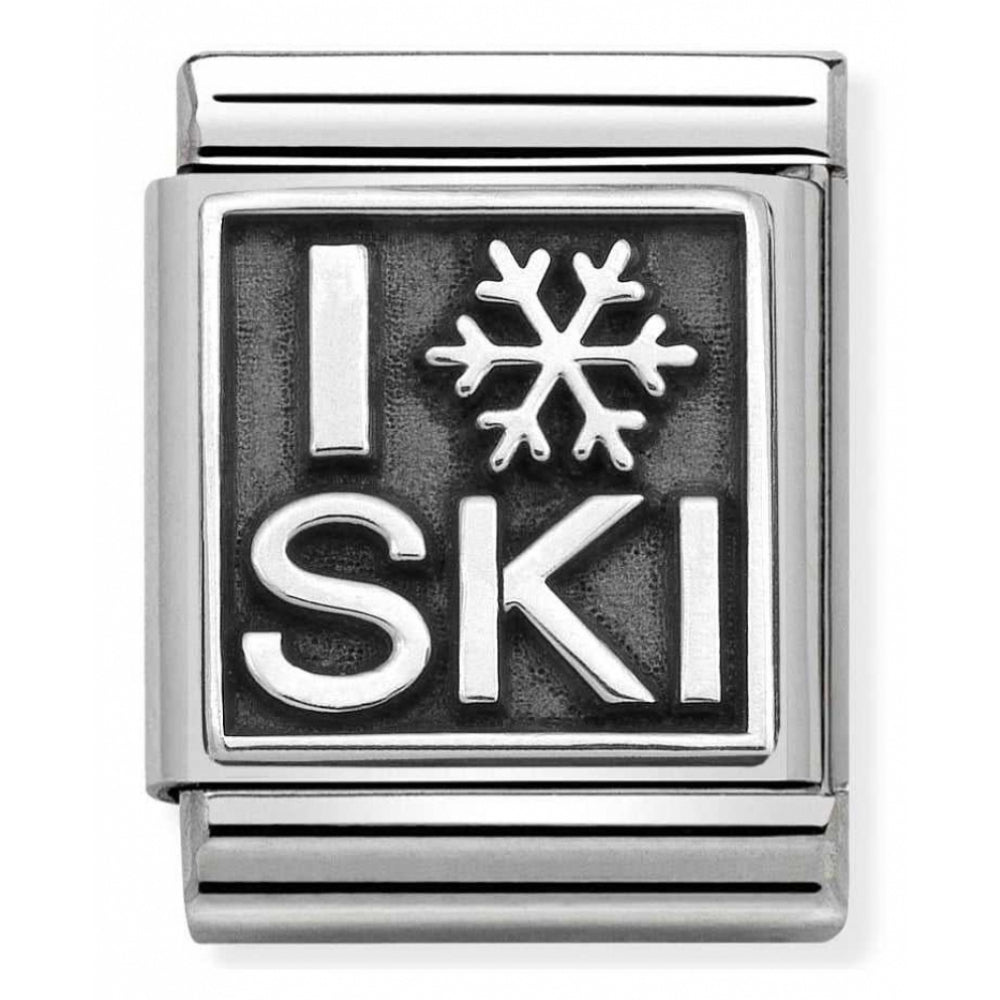 Composable Oxidized I Love Skiing Symbol Stainless Steel And Sterling Silver Big Charm