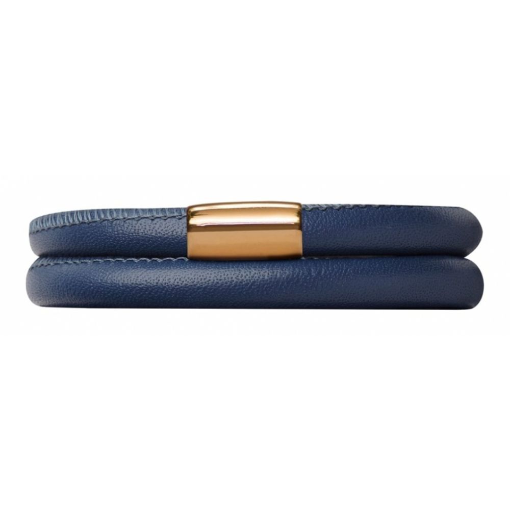Double Band Blue Leather Bracelet Gold Plated Clasp