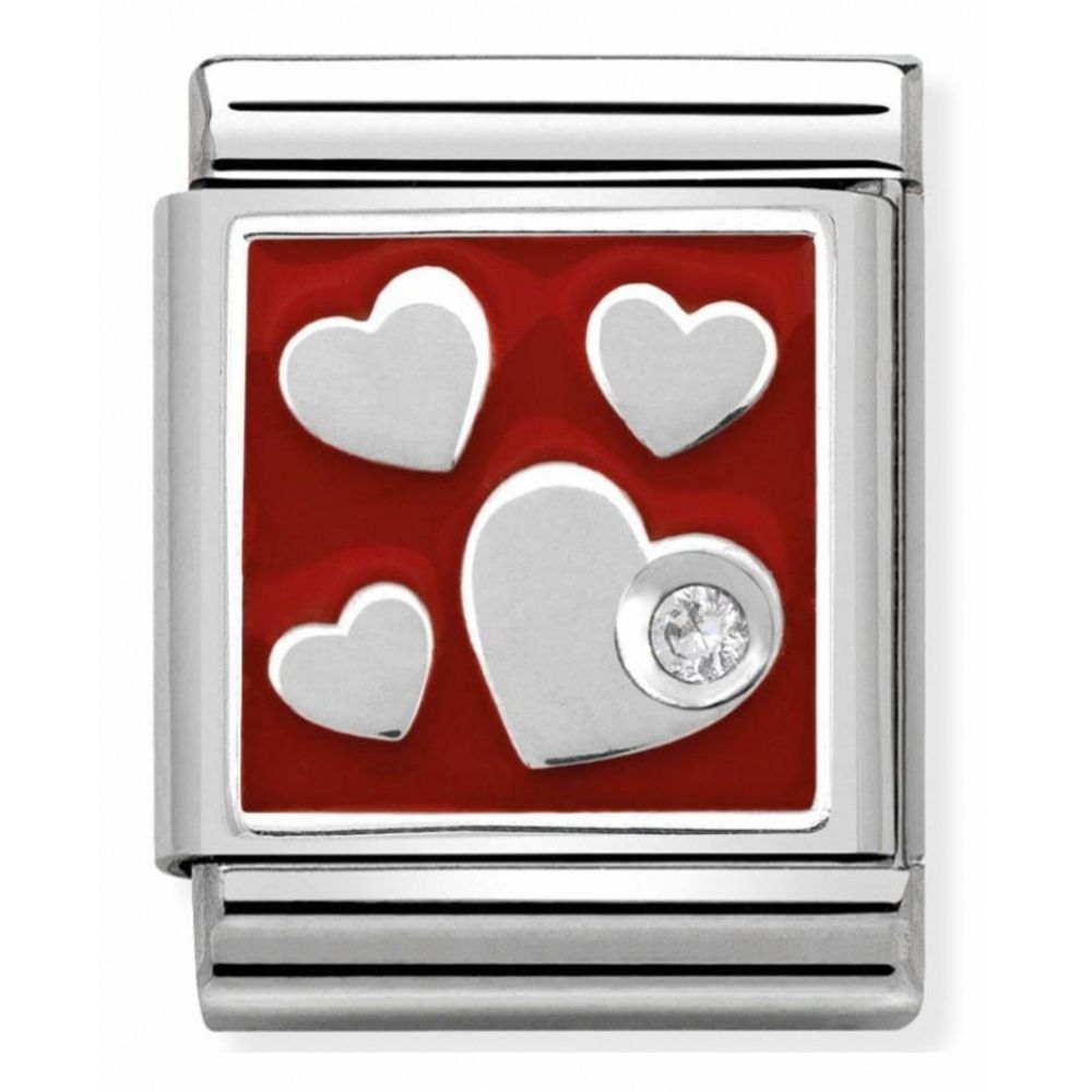 Composable Big Stainless Steel, Sterling Silver, Enamel & A Cubic Zirconia 4 Hearts Charm