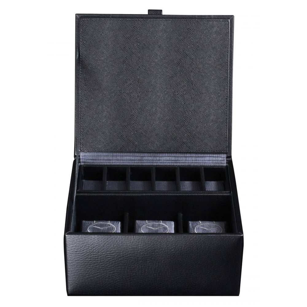 Black Leather Watch & Cufflink Box With Grey Lining