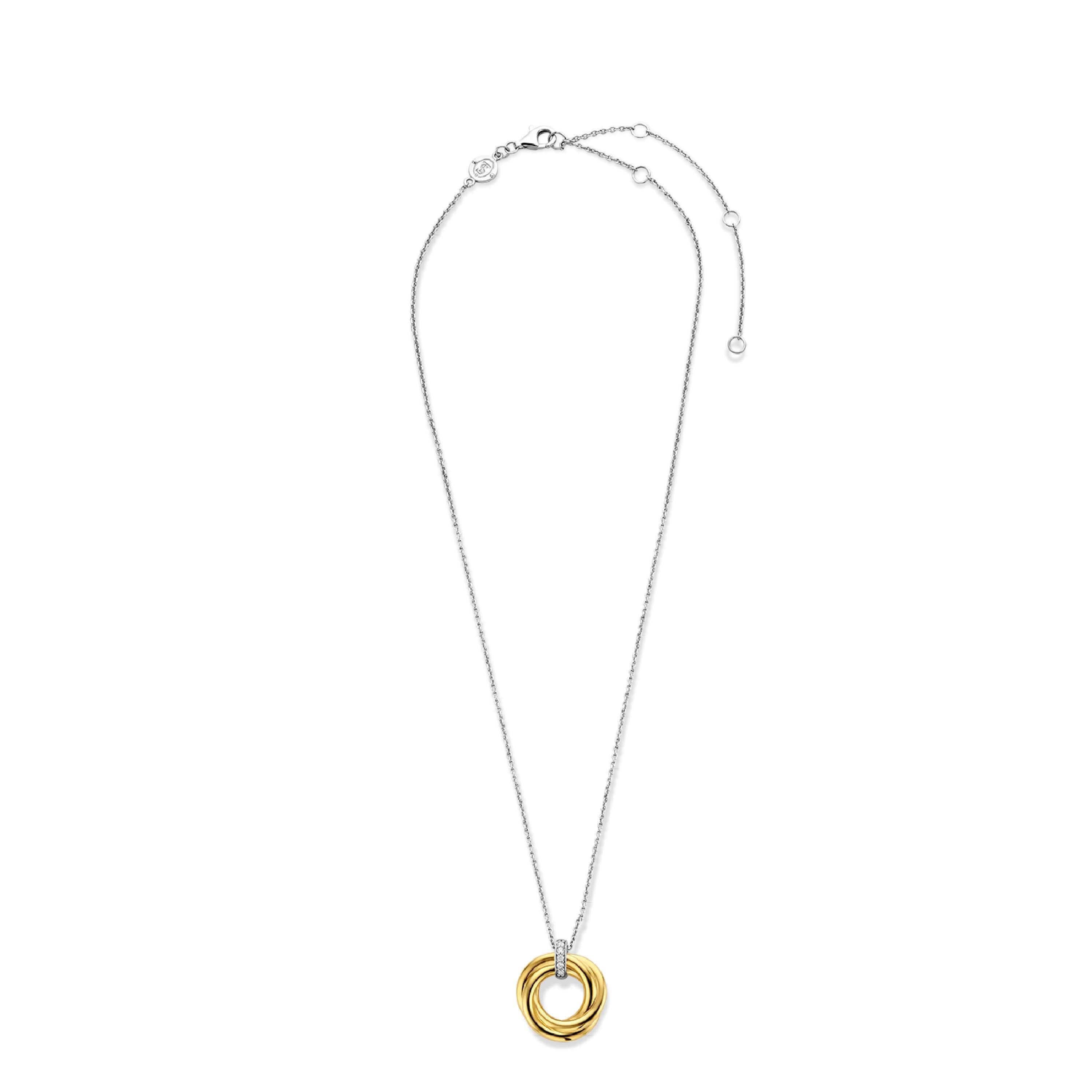Gold Plated Twisted Lines Circle With CZ Pendant & Silver Chain Necklace