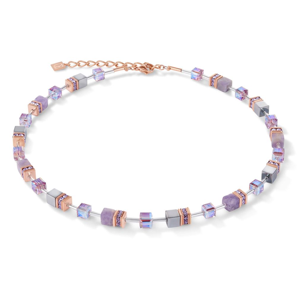 Light Amethyst & Haematite Lilac Geo Cube Rose Gold Necklace