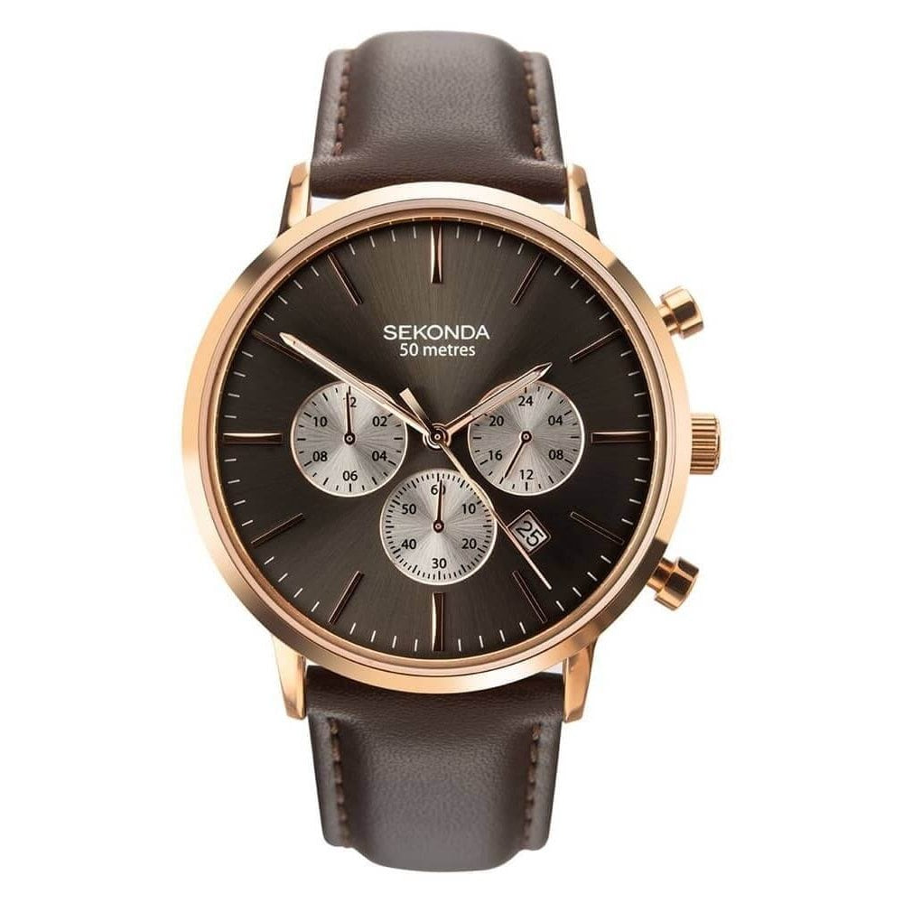 Rose Gold Tone Case With Dual Time Grey Dial & Brown Leather Strap Gents Watch