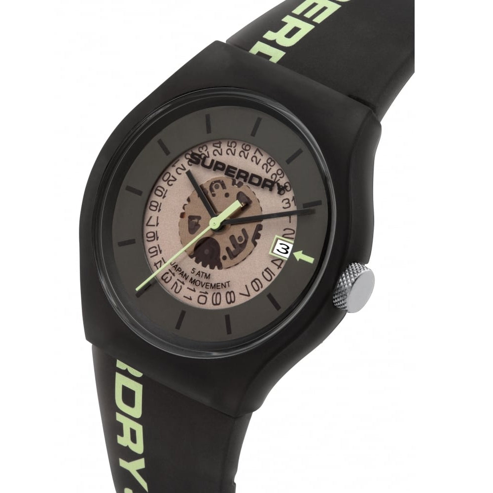 Urban Semi Opaque Black Semi Transparent With Pale Green Luminous Printed Logo Silicone Strap Watch With Transparent Black With Visible Movement Dial