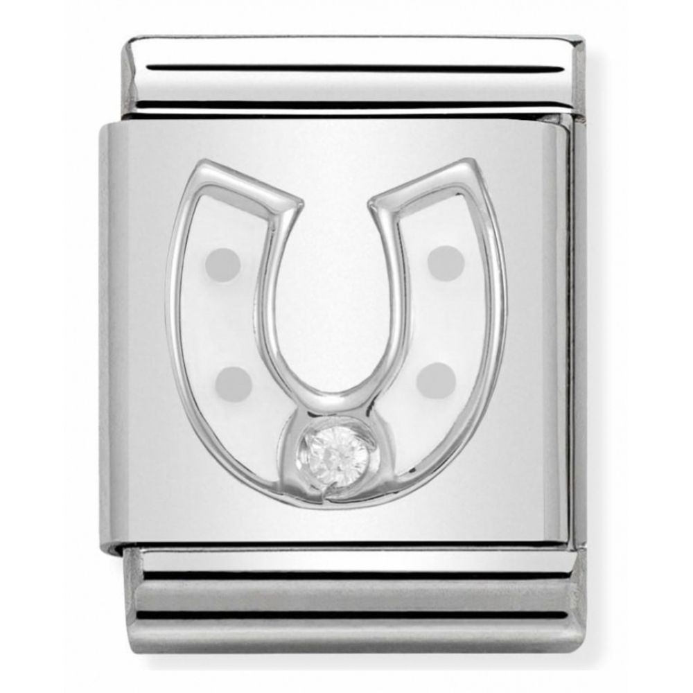 Composable Big Stainless Steel, Sterling Silver, Enamel & Cubic Zirconia White Horseshoe Symbol Charm