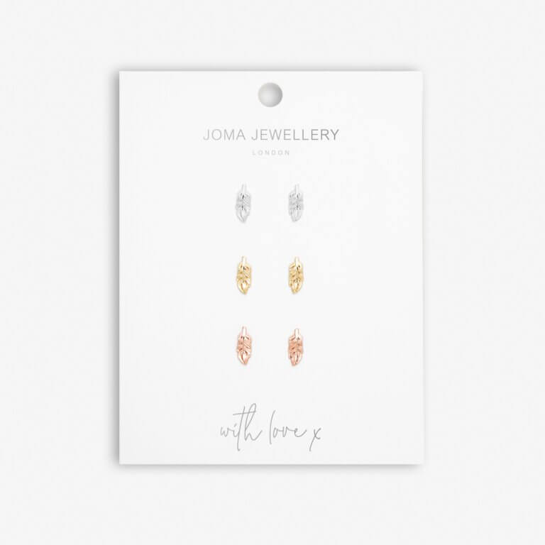 Florence Feathers | Feather Studs | Silver Rose Gold And Gold | Set Of 3 Earrings