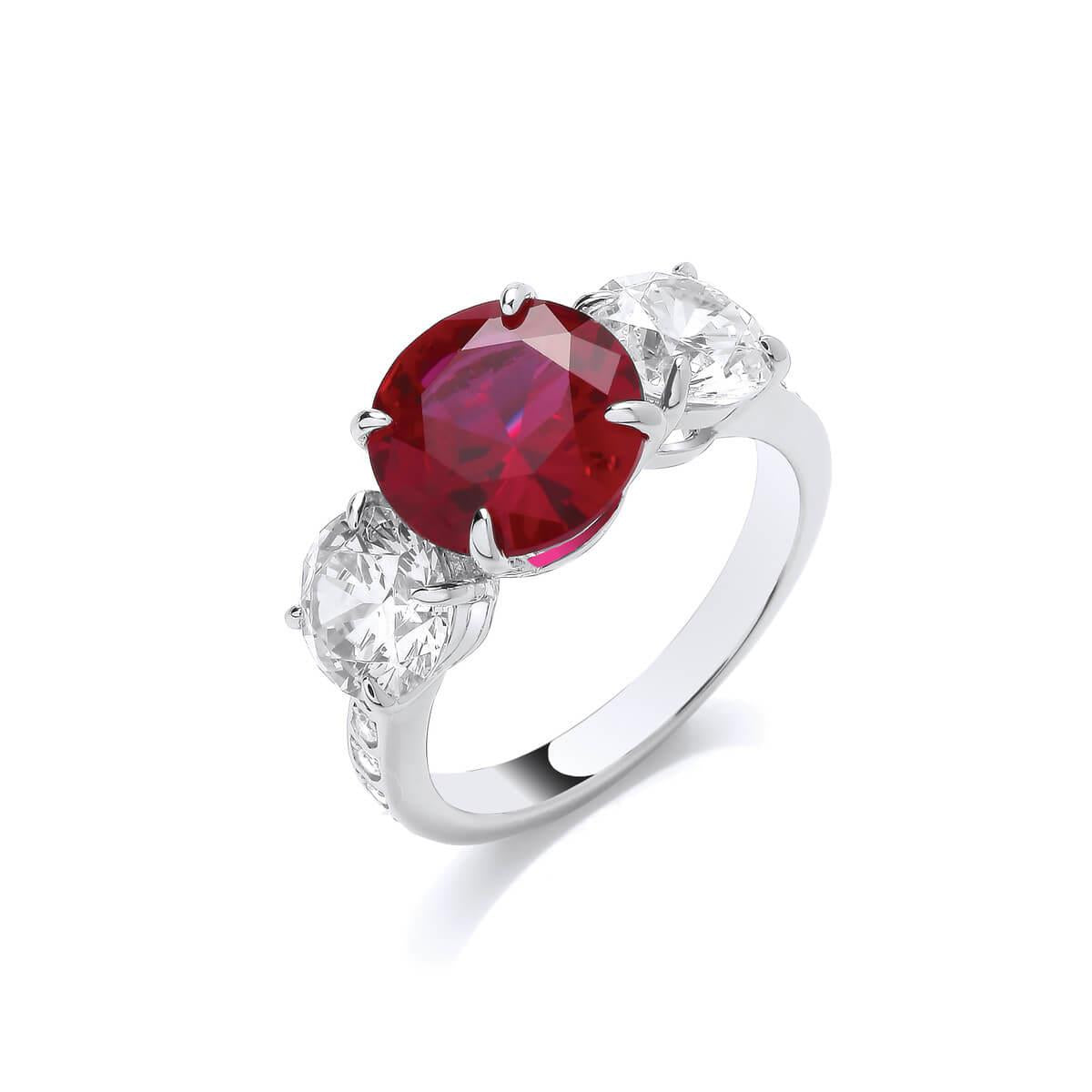 Silver & Ruby Cubic Zirconia Trilogy Ring- 9/R