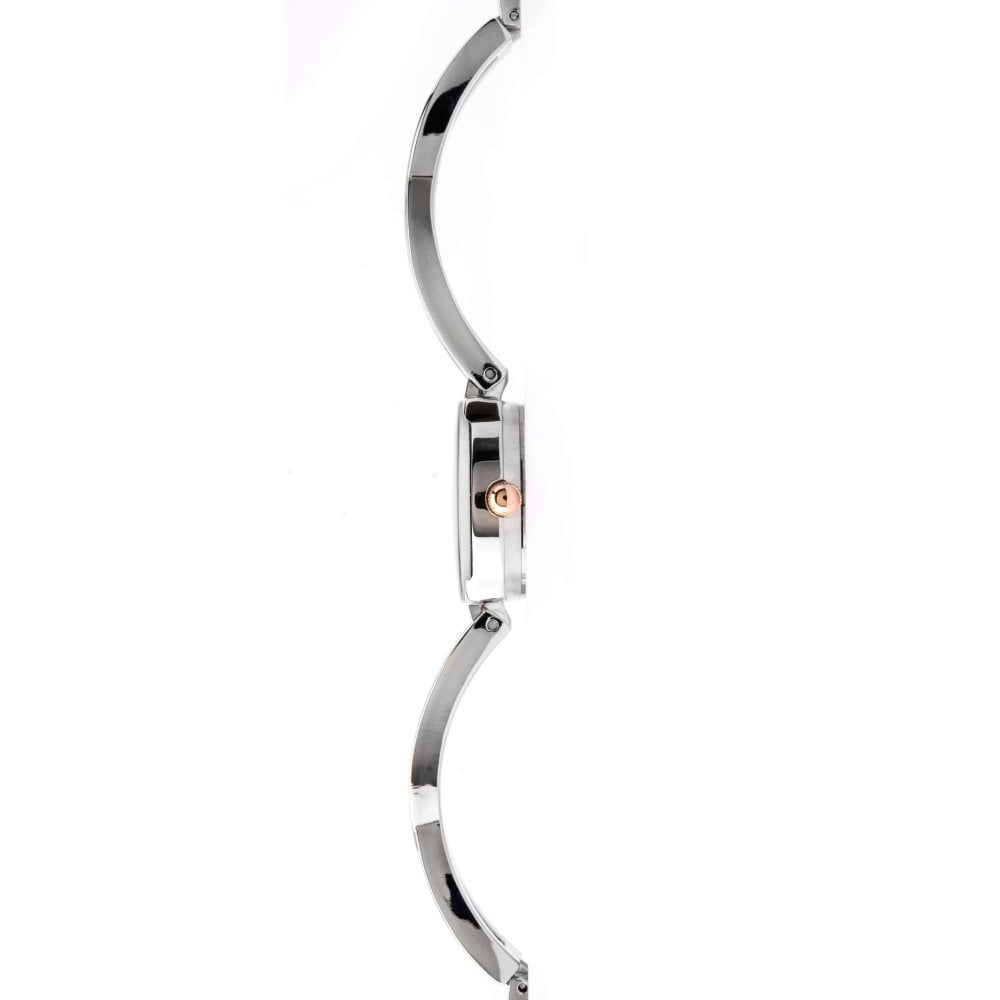 Two-Tone Semi-Bangle Strap With Stone Set Case & White Dial Ladies Watch