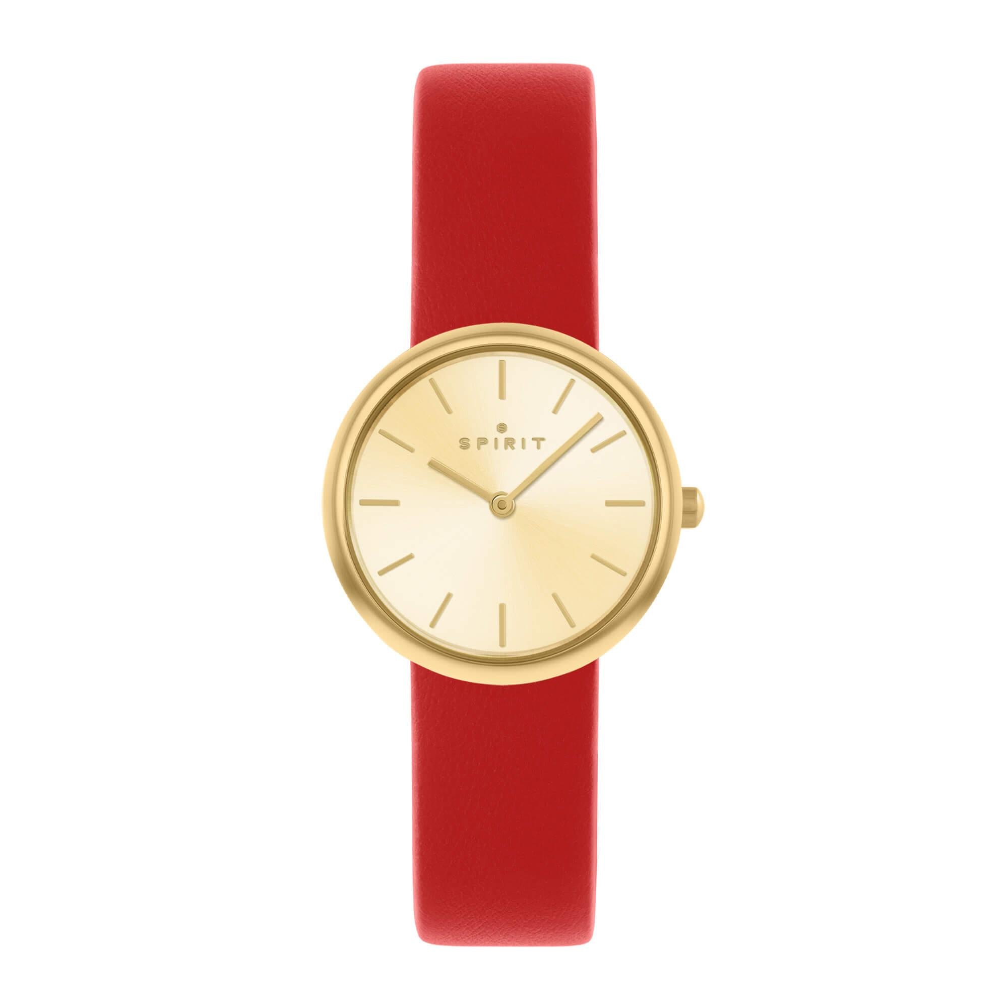 Ladies Polished Pale Gold Slim Strap Leather Watch in Red