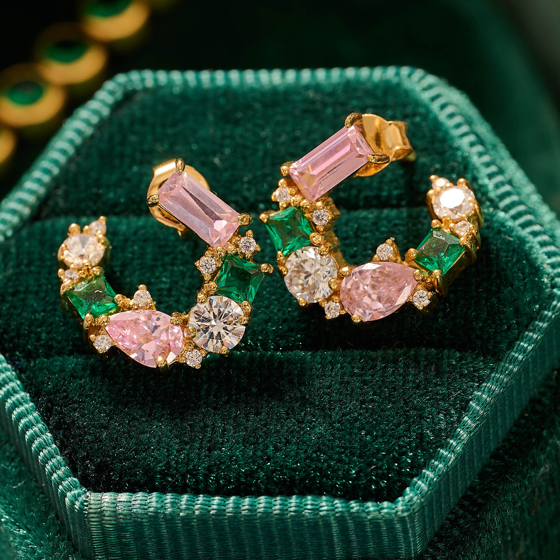 Lottie Cluster Sideways Hoop In Flamingo CZ & Gold