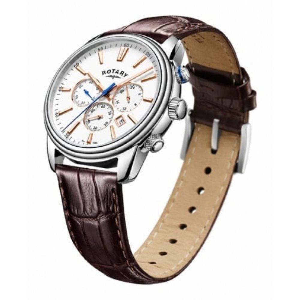 Stainless Steel White Dial & Leather Strap Gents Chronograph Watch
