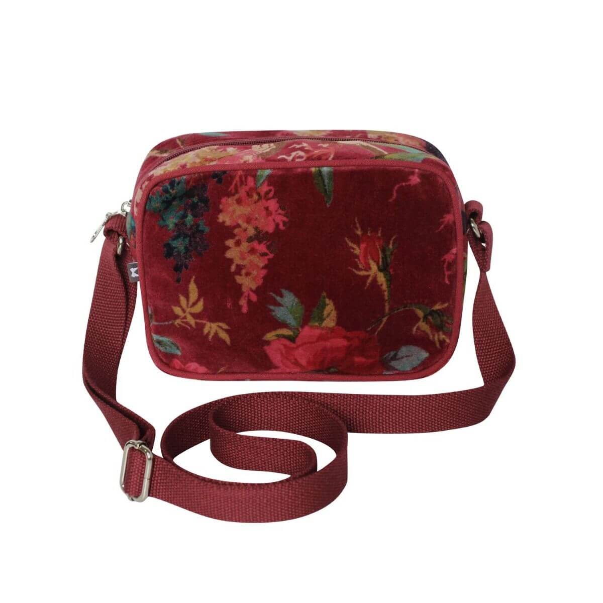 Printed Plum Velvet Camera Bag