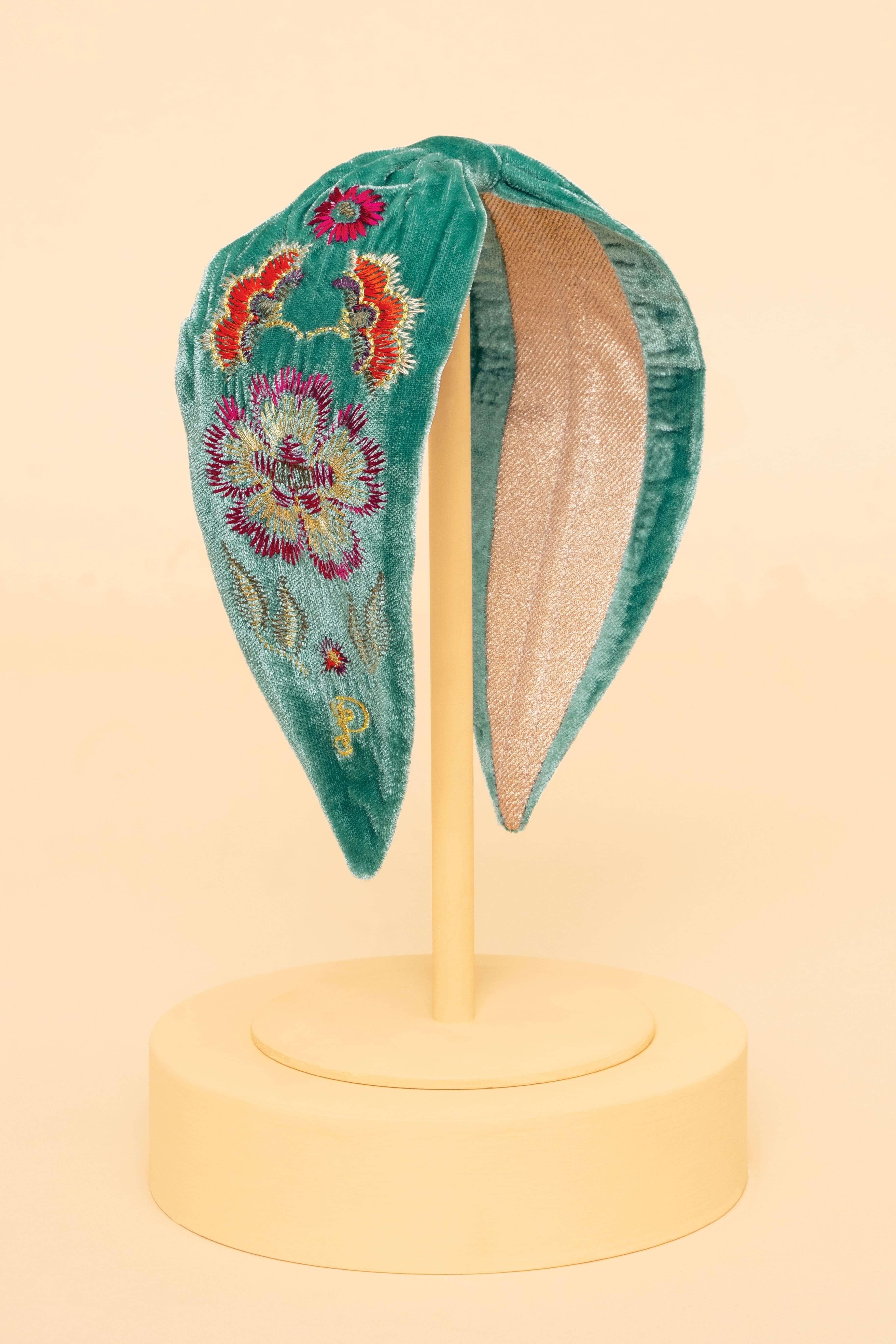 Embroidered Velvet Headband - Floral Symmetry Aqua