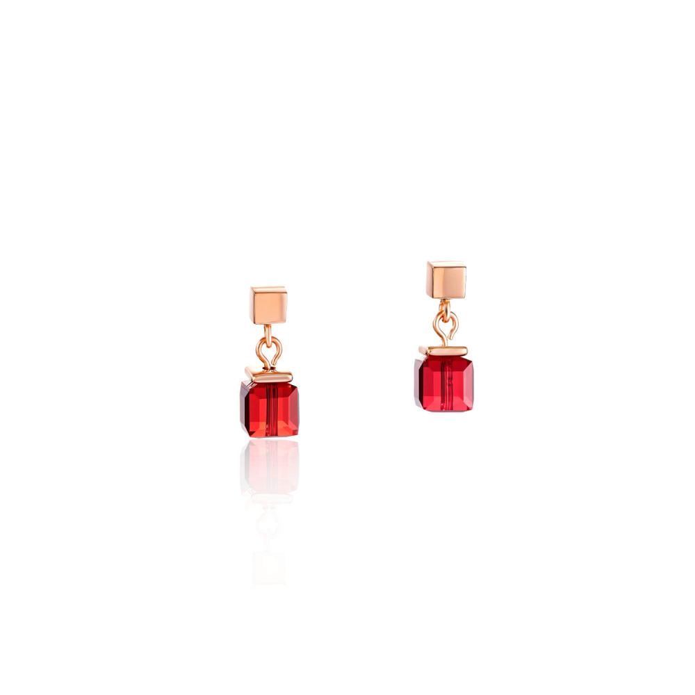 Swarovski Crystals & Red Geo Cube Rose Gold Plated Earrings