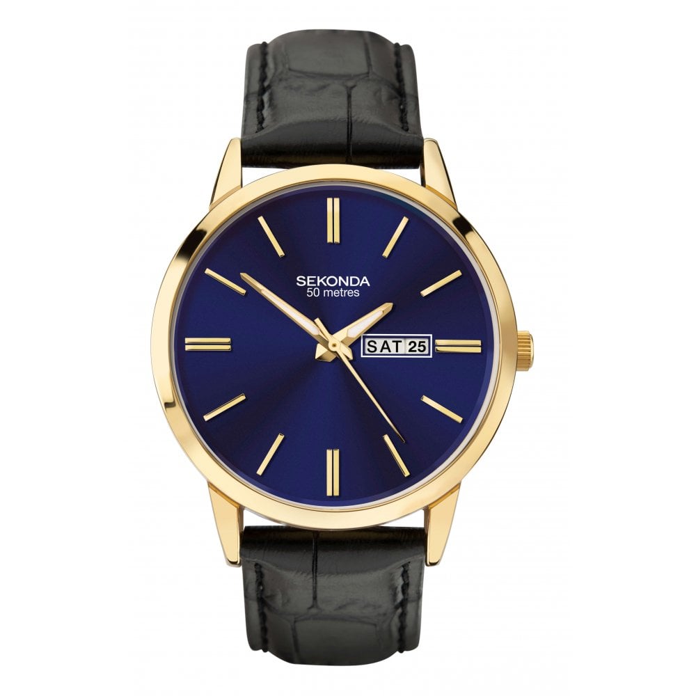 Gold Plated Blue Sunray Dial & Black Leather Strap Gents Watch