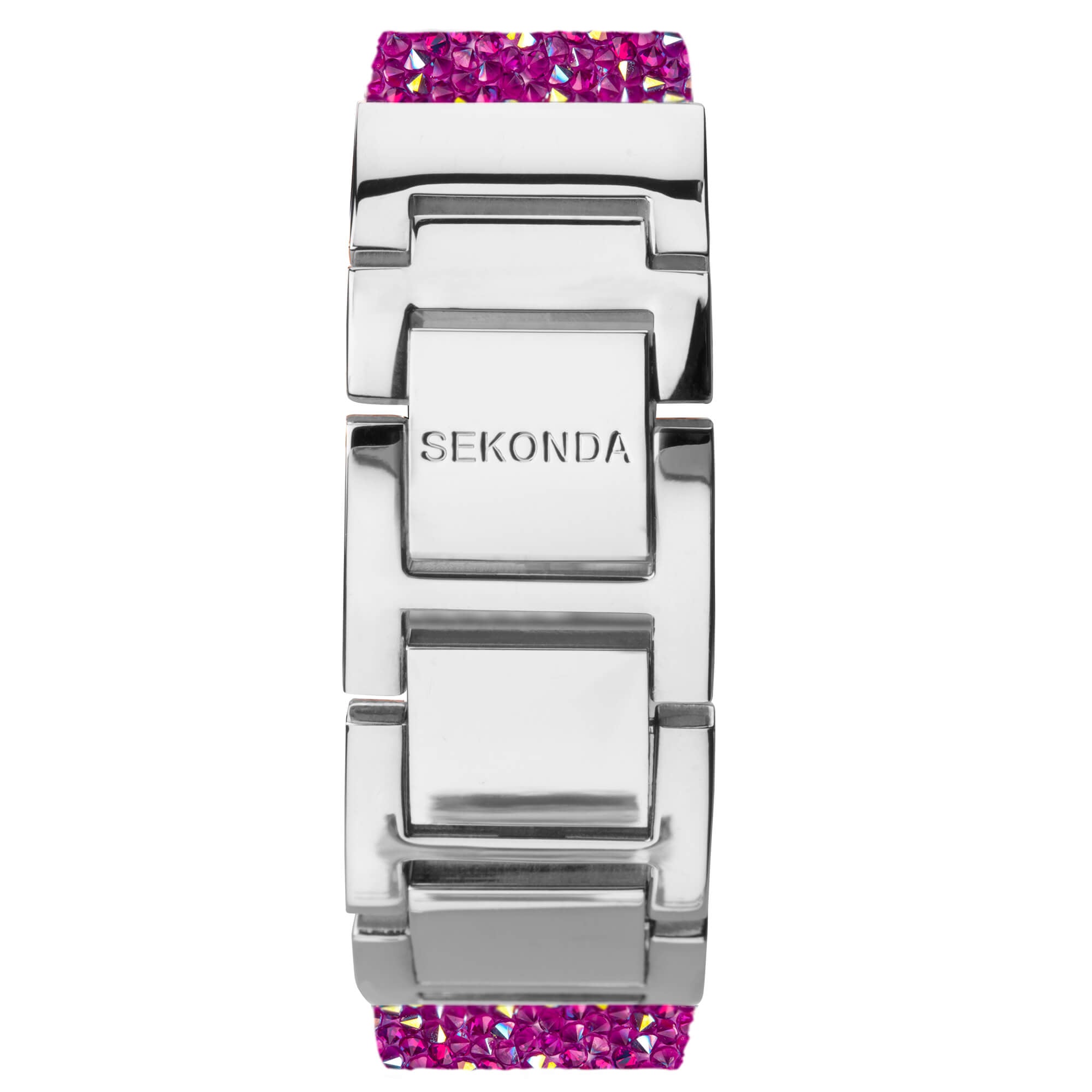 Chrome Coloured Case With Pink Stone Set Dial & Pink Crystals Strap Ladies Watch