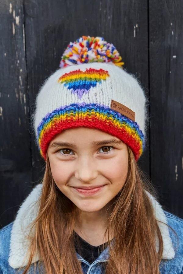 Kids Rainbow Heart Bobble Beanie Cream