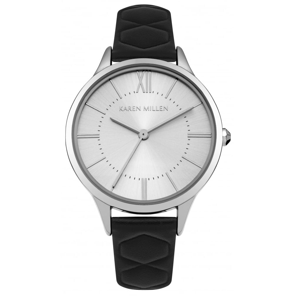Black Strap Watch With White Silver Sunray Dial
