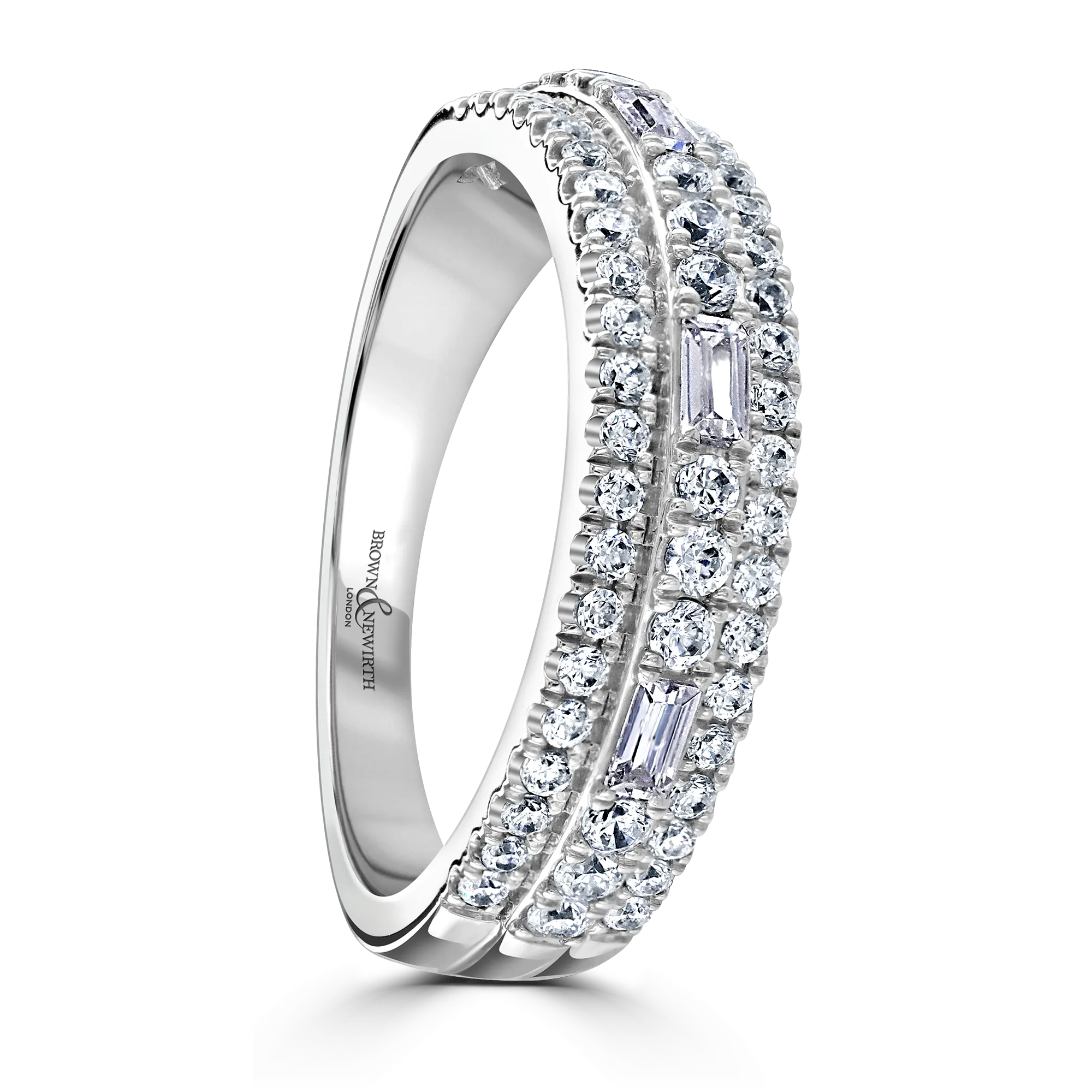 Emerald Cut & Round Cut Three Row Wide Eternity Platinum Ring