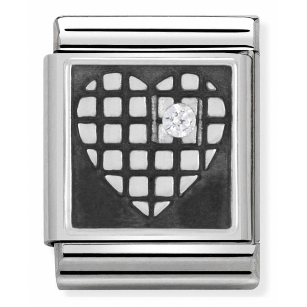 Composable Big Stainless Steel, Sterling Silver, Enamel & A White Cubic Zirconia Heart With Grid Charm