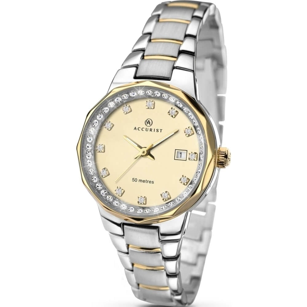 Two-Tone Ladies Bracelet Watch with Gold Dial and Crystals