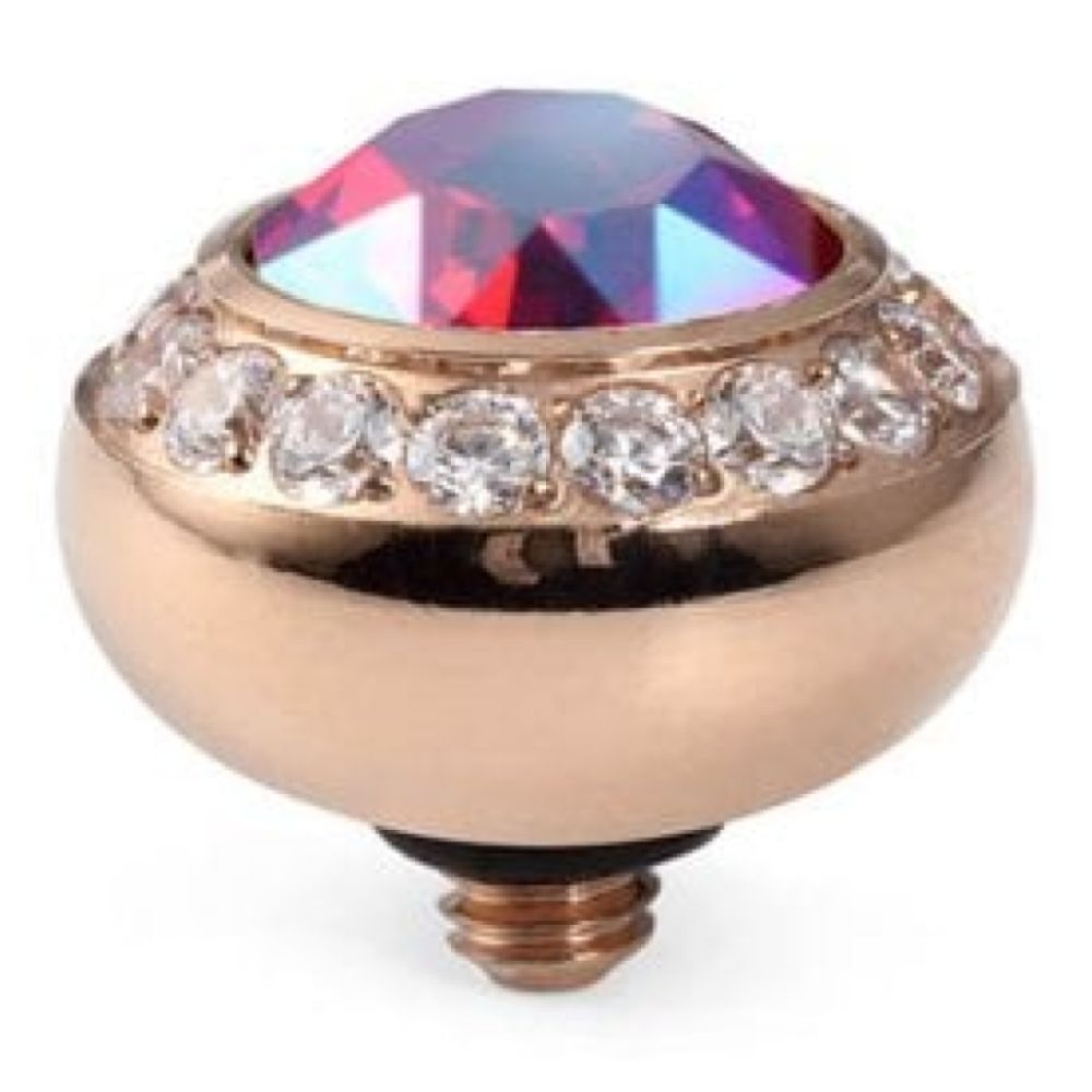 10mm Interchangeable Tondo Deluxe Light Siam Shimmer Crystal Top in RG With Crystal Bordered