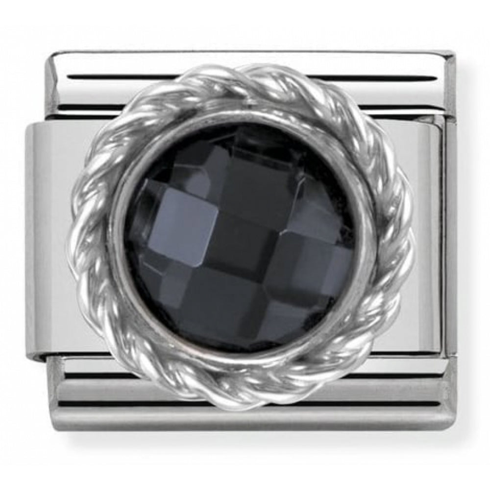 Classic Black CZ Round Faceted Stone In Stainless Steel & Twisted 925 Silver Detail Charm