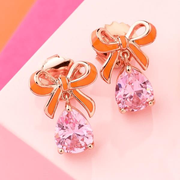 Amelia Bow Studs In Coral Enamel, Pink CZ Teardrop & Rose Gold