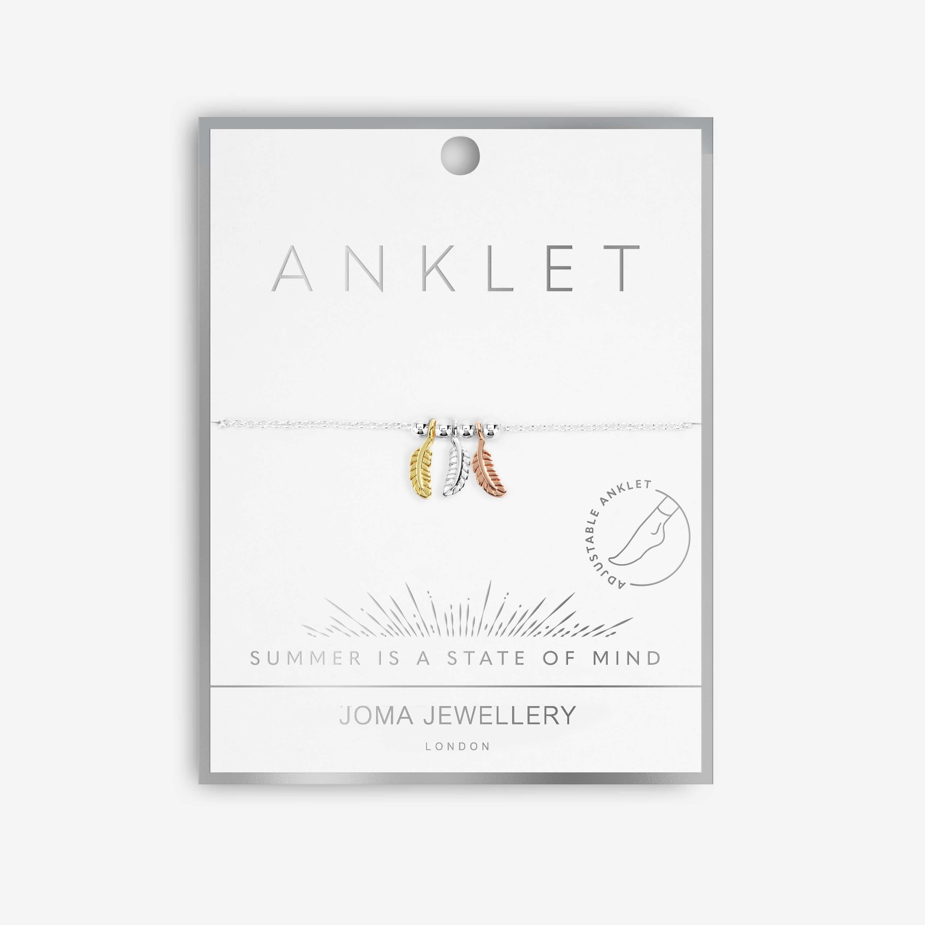 Anklet | Three Tone Feathers | Silver, Rose Gold And Gold | 26cm Adjustable