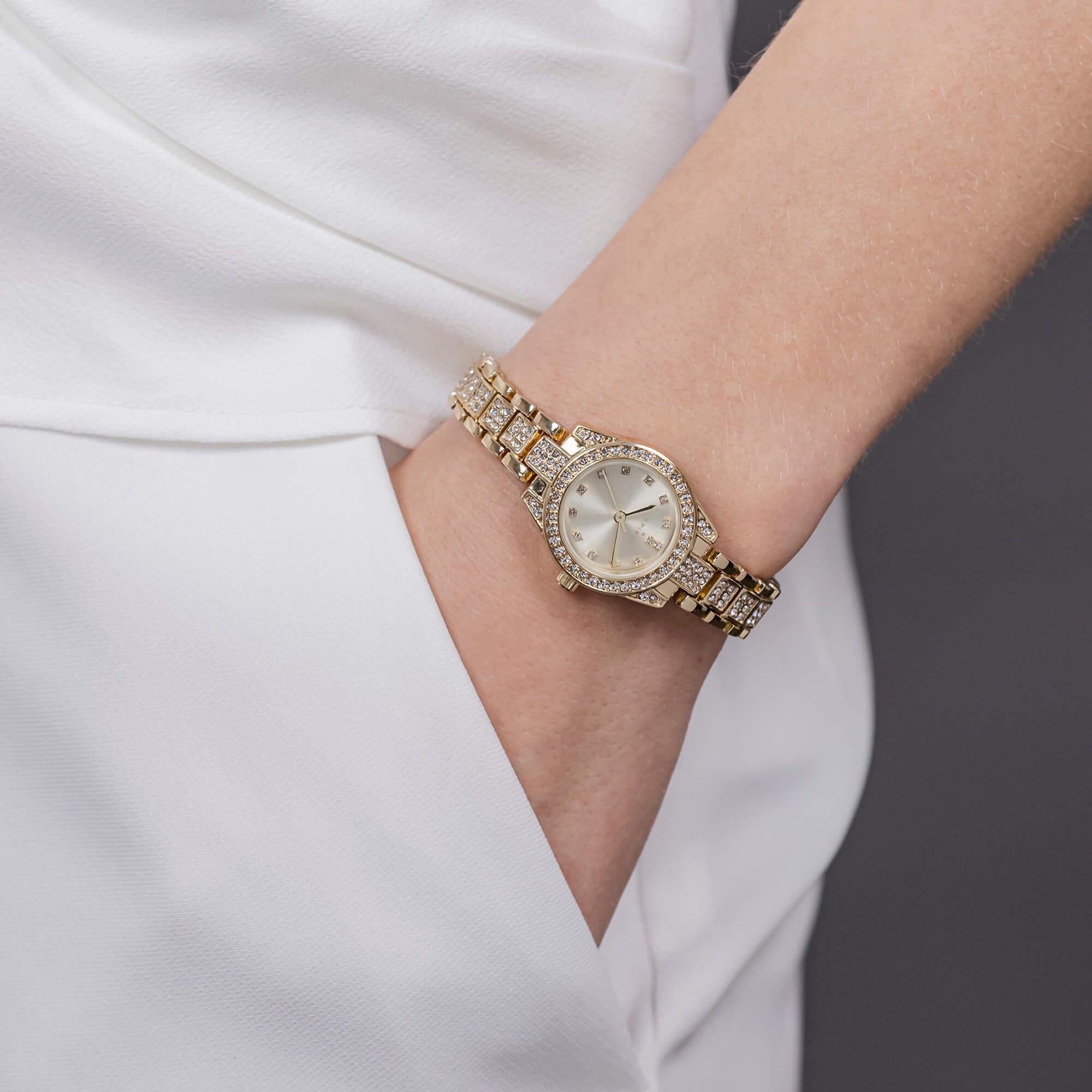 Ladies Polished Pale Gold Crystal Bracelet Watch