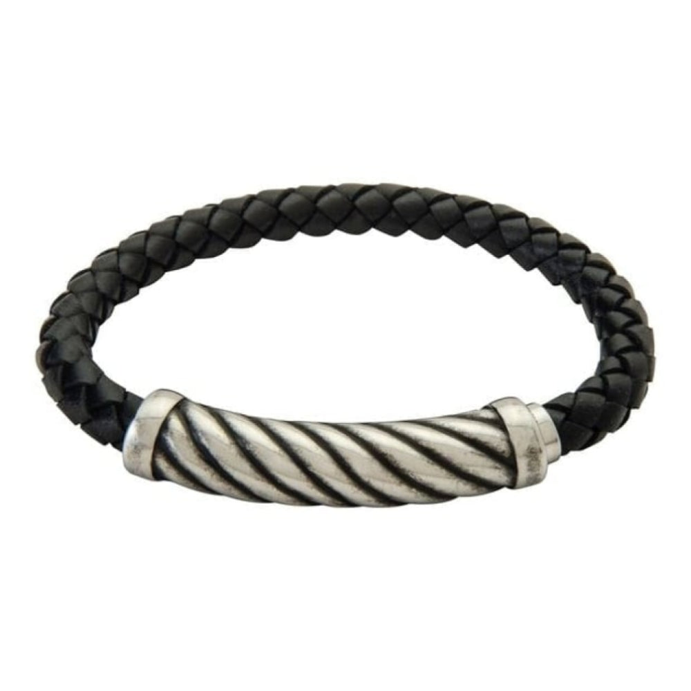 Men's Black Leather Bracelet With Matt Finish Twist Pattern Band & Magnetic Clasp