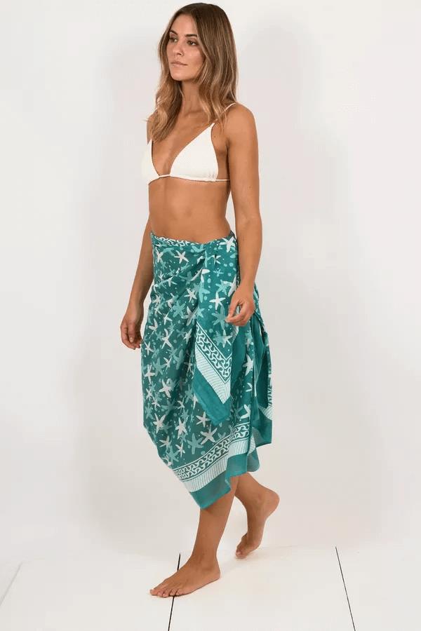 Hand Printed Cotton Sarong Starfish Green