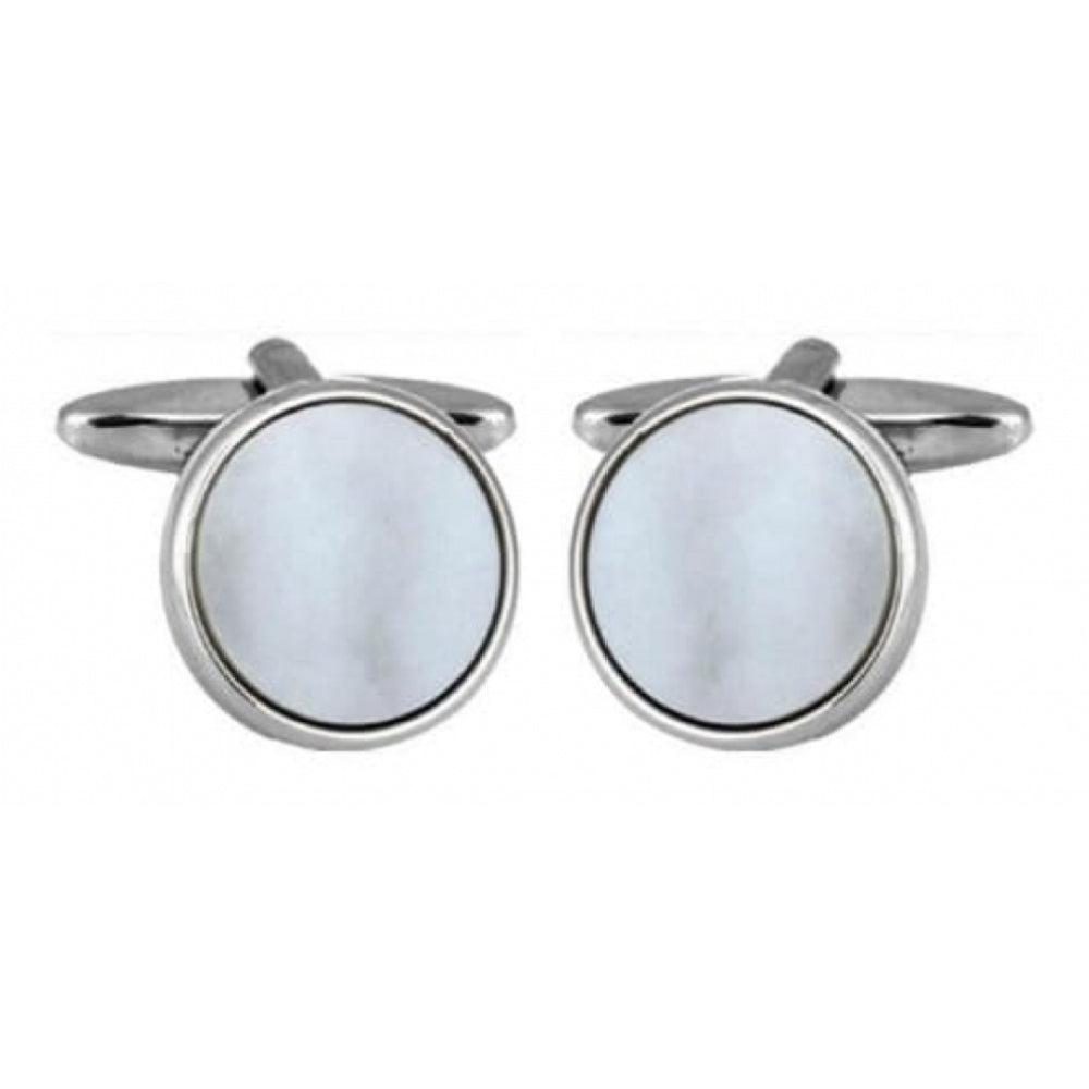Rhodium Plated Circular Mother of Pearl Cufflinks