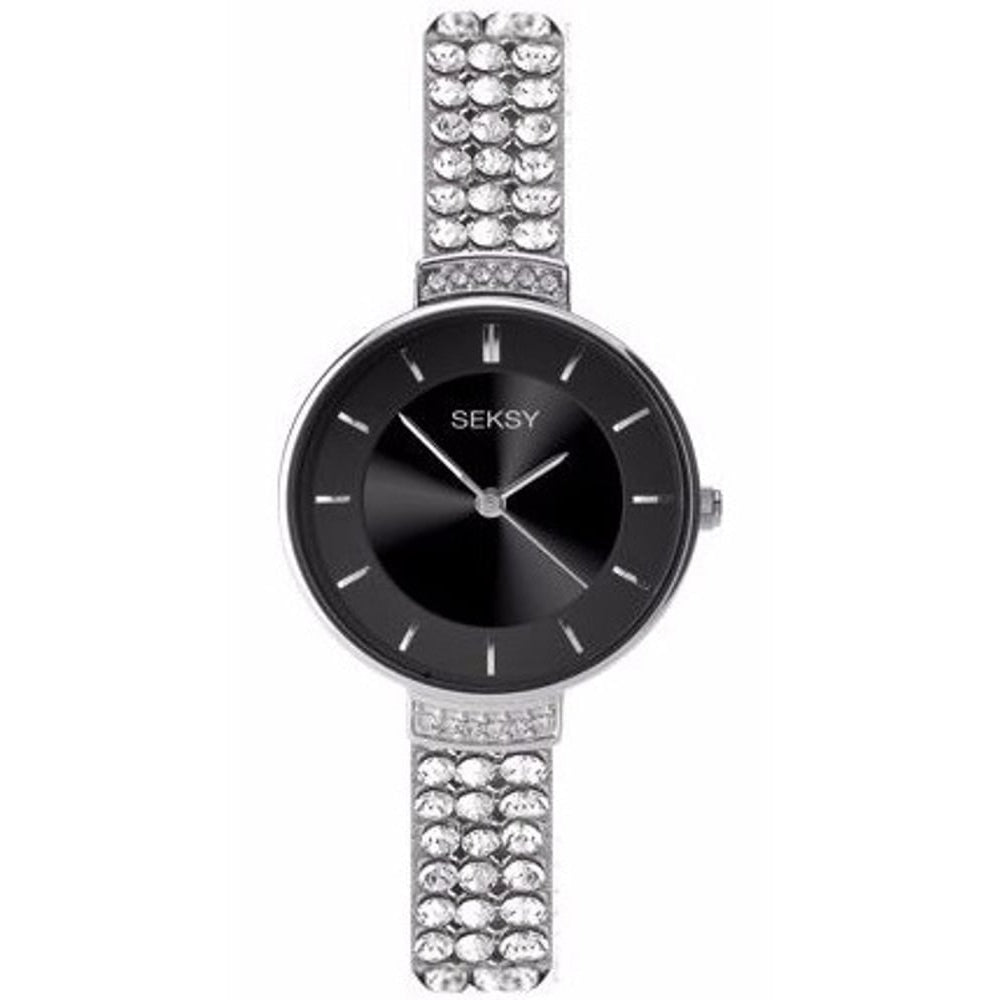 Stainless Steel Black Dial & Silver Stone Strap Ladies Wristwatch