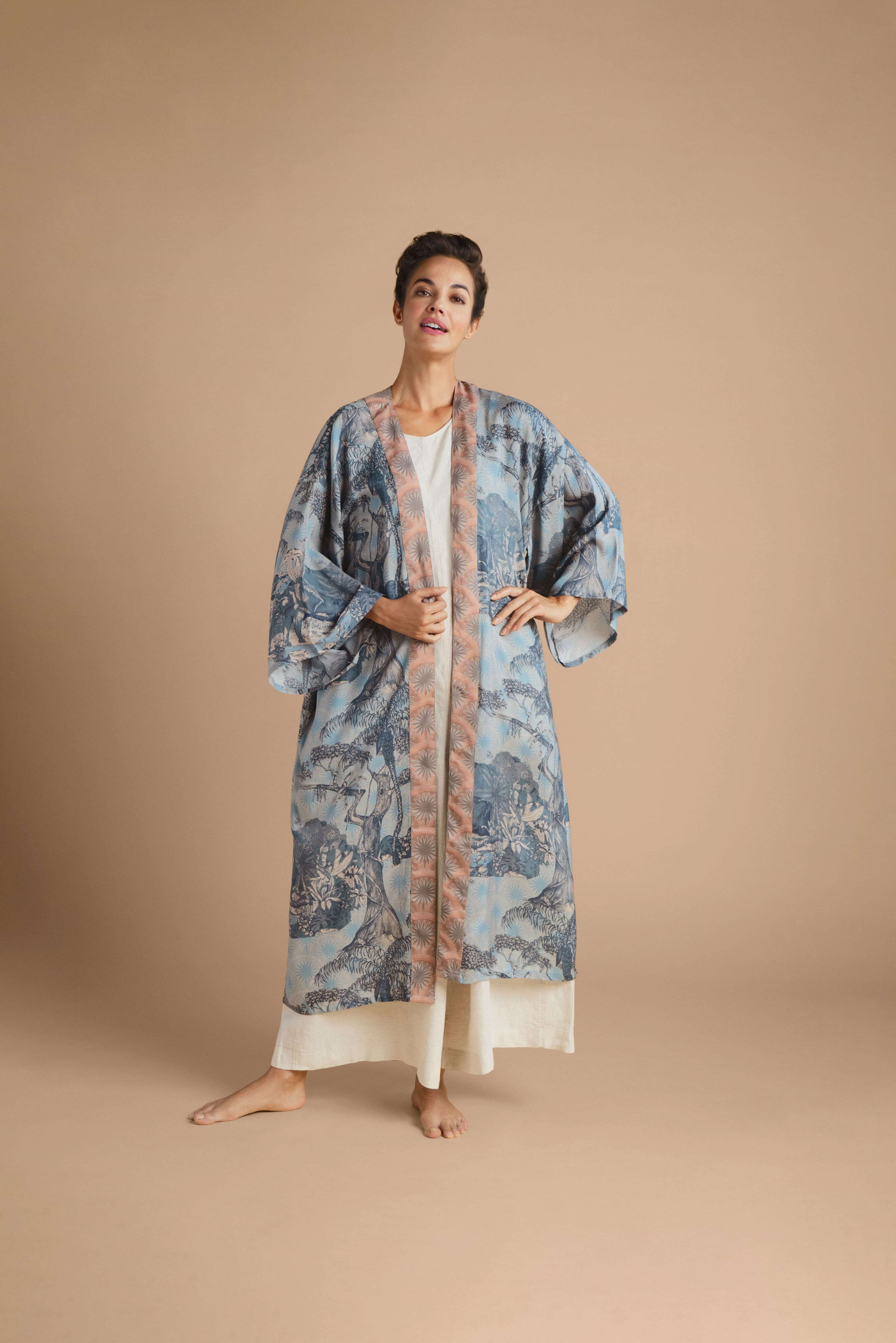 Tropical Toile Kimono Gown - Denim & Petal